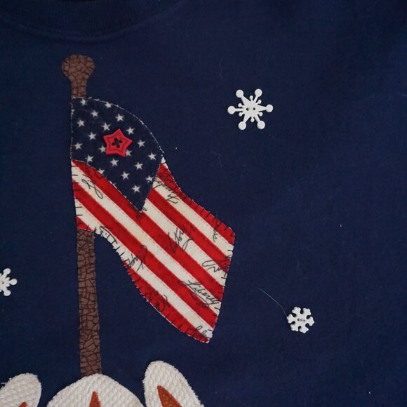 Vintage Jerzees Blue Sweater Snowman Flag Cotton Holiday Festive Snowflakes L - Picture 9 of 10